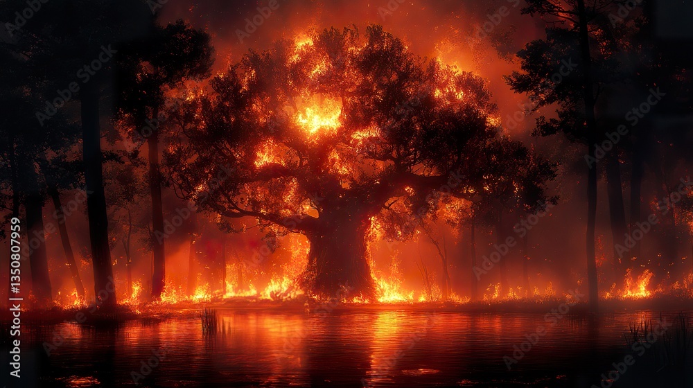Burning forest fire with a huge tree ablaze and reflecting in water Burning forest fire with a huge tree ablaze and reflecting in water