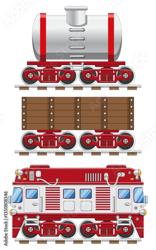 Railway locomotive and wagons. Side view. Isolated on a white background. Vector illustration.