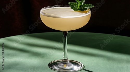 Elegant Creamy Cocktail in Coupe Glass, Refreshing Mint Garnish, Summer Drink Photography
