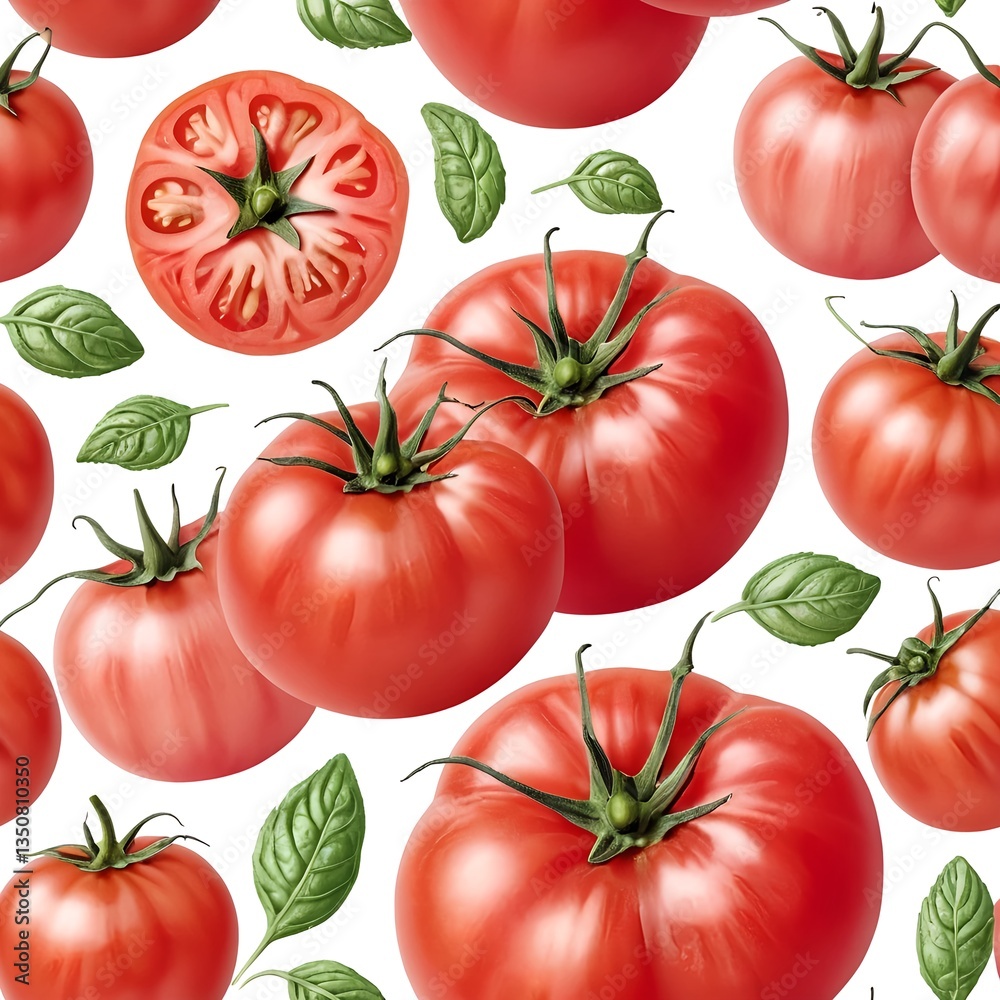 Fototapeta premium Fresh Tomatoes and Basil Seamless Pattern