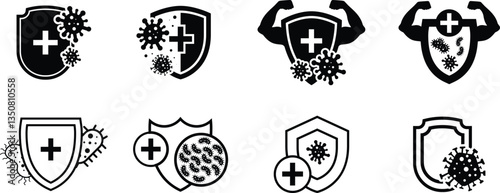 Set of immune system icon. Bacteria protection icon. Antibacterial protection shield symbol. Immune system defence concept