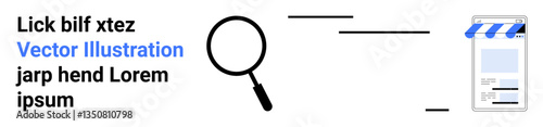 Magnifying glass, digital storefront with awning, and placeholder text suggest online search, browsing, content discovery. Ideal for SEO, analytics, e-commerce, research education technology