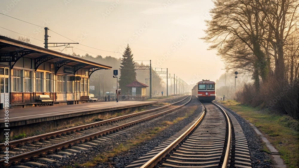 Fototapeta premium Vintage Train Arriving at Rural Station at Sunrise