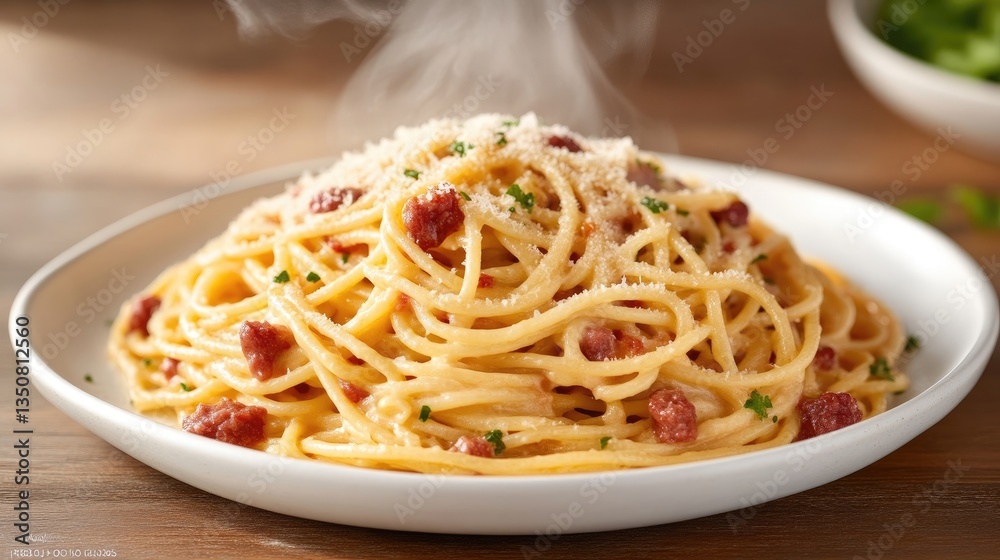 Creamy, hot pasta dish with meat. Steaming, piled high, on a plate Creamy, hot pasta dish with meat. Steaming, piled high, on a plate