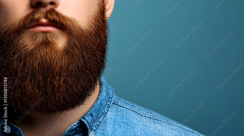 Obraz premium Close-up of a man's thick, ginger beard against a teal background. Perfect for articles about men's grooming, style, or fashion.