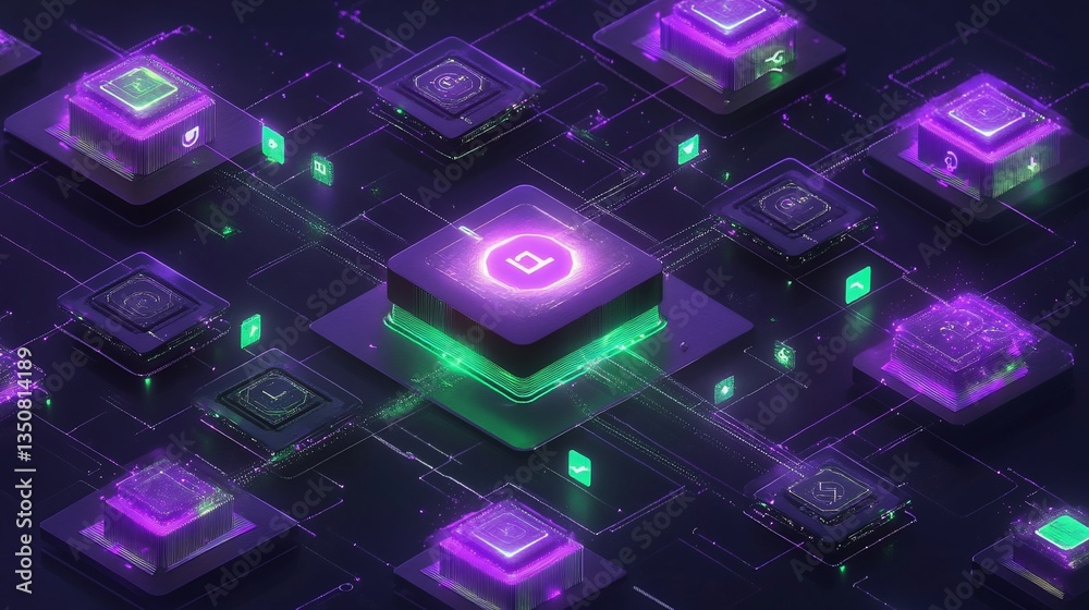 Neon-lit Cryptocurrency Network 3D Render Neon-lit Cryptocurrency Network 3D Render