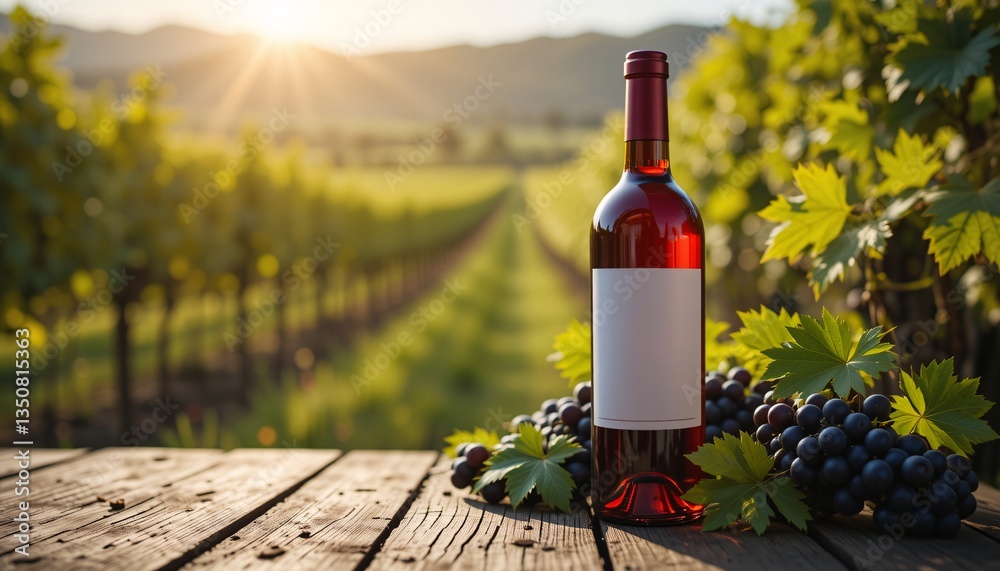 Fototapeta premium Red Wine Bottle in Vineyard at Sunset, Wine bottle, grapes, vineyard sunset. Relaxing, summer vibes.