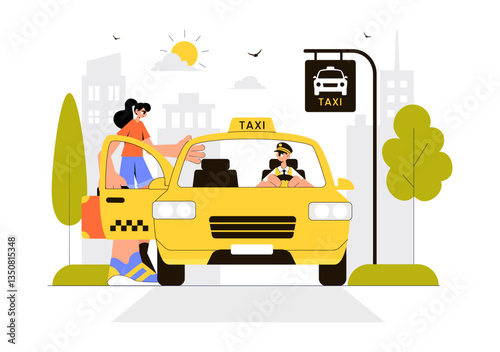 Online Taxi Booking Travel Service Vector Illustration Featuring a Mobile App on a Smartphone for Taking Someone to a Destination in a Flat Background