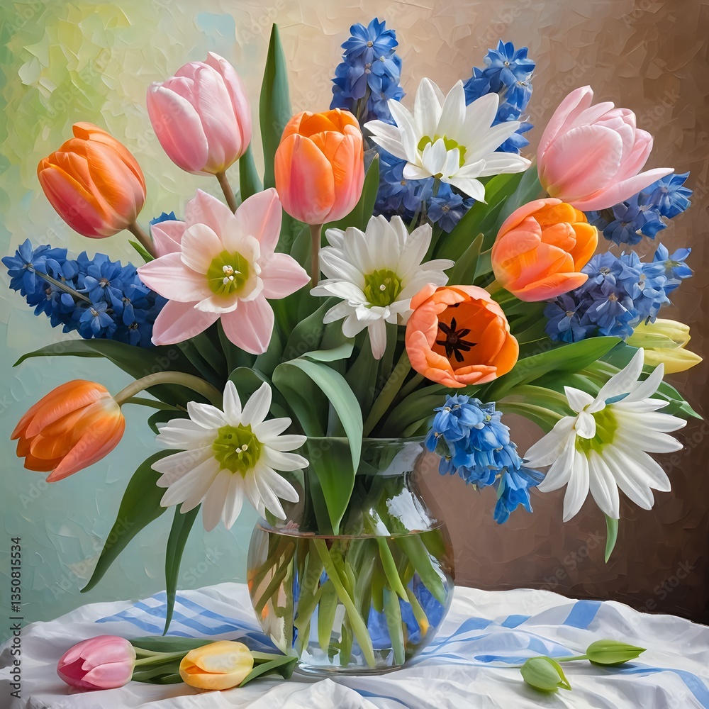 Spring Bouquet of Tulips, Hyacinths, and Daisies in Glass Vase Spring Bouquet of Tulips, Hyacinths, and Daisies in Glass Vase