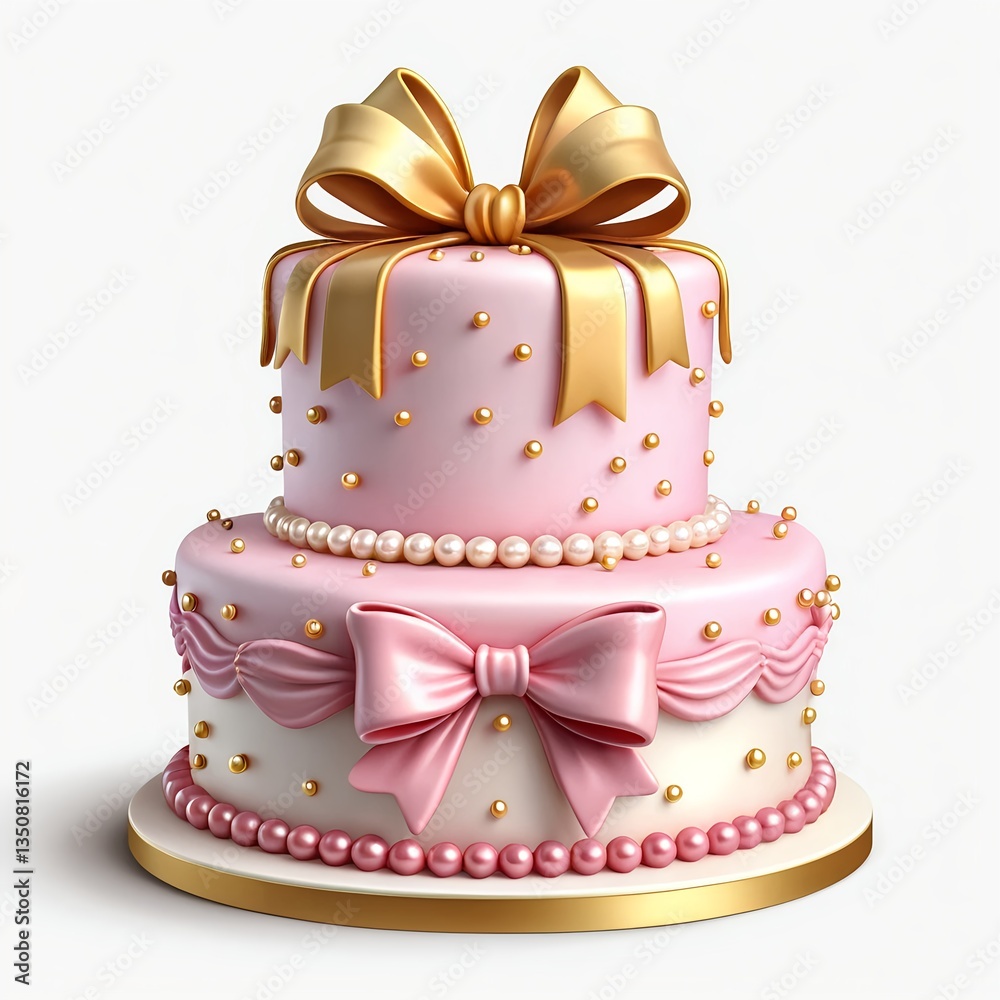 Elegant Two-Tiered Pink Cake with Gold and Pearl Accents