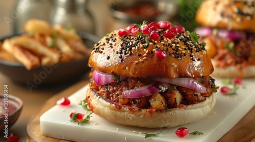 Indian dabeli spicy potato burger pomegranate and sev plated whole on white ceramic zoomed out clean view