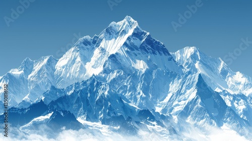 Mountain range covered in snow with a blue sky in the background