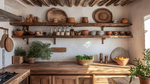 Cozy Greek island kitchen with rustic wooden shelves, ceramic pottery, and fresh herbs 