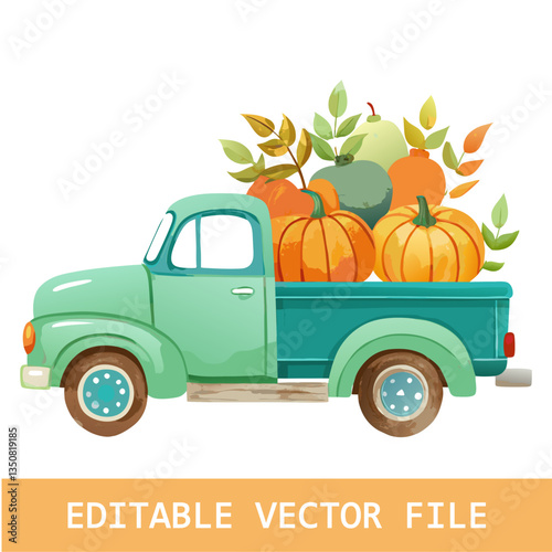 Fall Pumpkin Truck Clipart, Watercolor Vintage Farm Truck , Autumn Elements, Autumn Truck Clipart, Watercolor Vintage