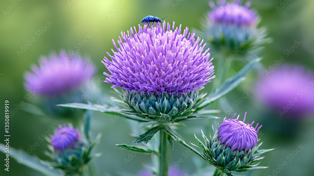 Close-up of a blooming thistle with a blurred background. And an insect sitting on the flower. Close-up of a blooming thistle with a blurred background. And an insect sitting on the flower.