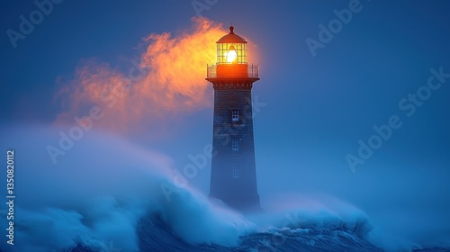 A solitary lighthouse, its beam cutting through the fog, stands proud against the dark ocean, guiding sailors safely to shore with its unwavering light in the midst of an ominous storm. 
