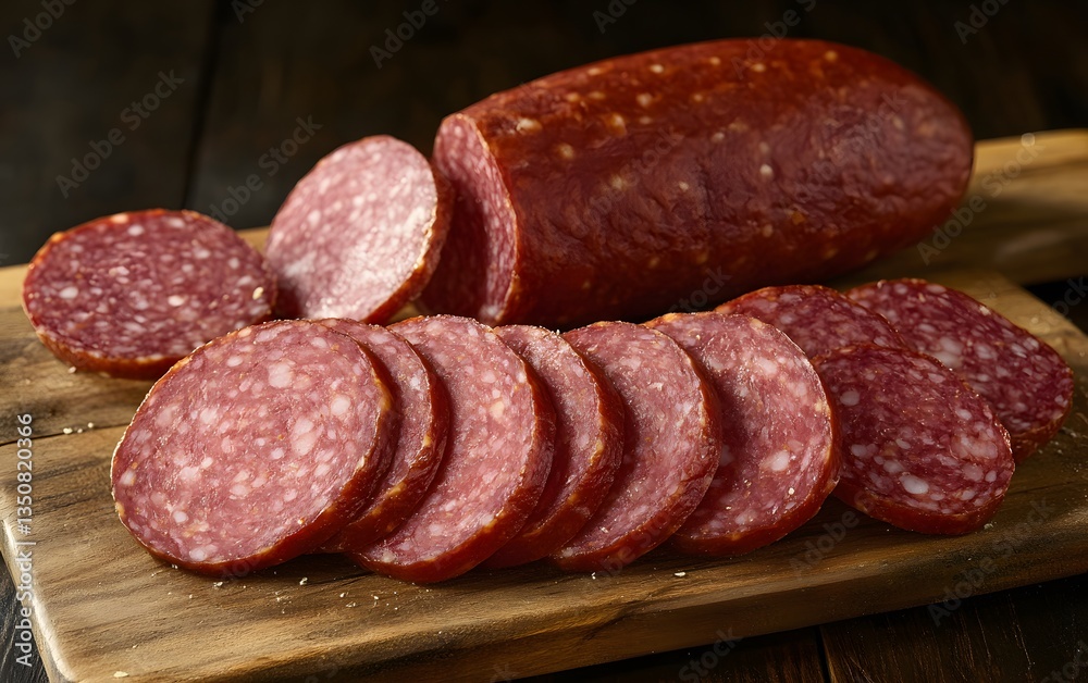 Delicious Sliced Salami on Wooden Board Closeup Delicious Sliced Salami on Wooden Board Closeup
