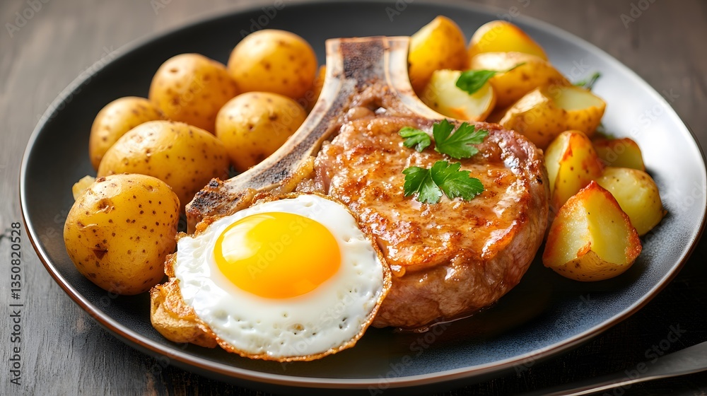 Juicy Pork Chop with Fried Egg and Roasted Potatoes Juicy Pork Chop with Fried Egg and Roasted Potatoes
