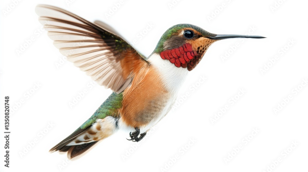 Fototapeta premium Hummingbird Hovering Near a Flower on White Background