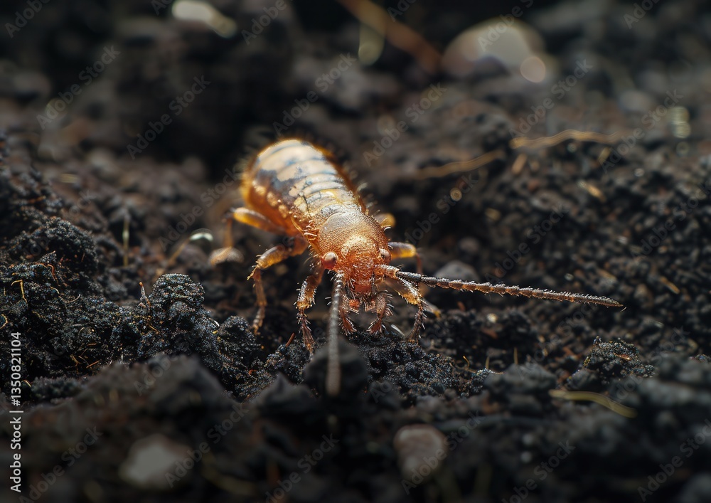 Close-up of an insect on dark, textured soil. Close-up of an insect on dark, textured soil.