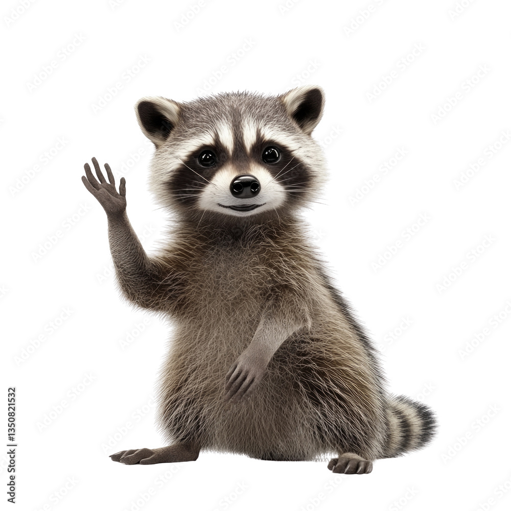 A raccoon is sitting on a white background and waving its paw A raccoon is sitting on a white background and waving its paw