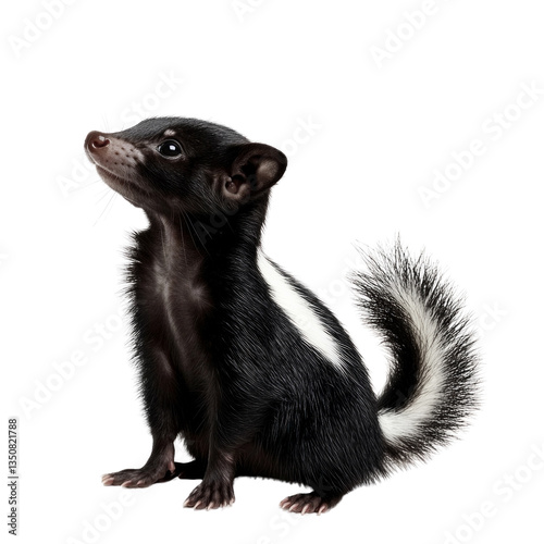 A small black and white skunk is sitting on a white background photo