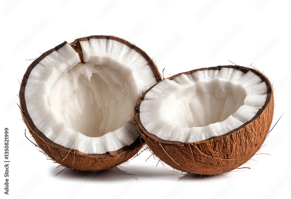 Two Halves of Fresh Coconut Isolated on White