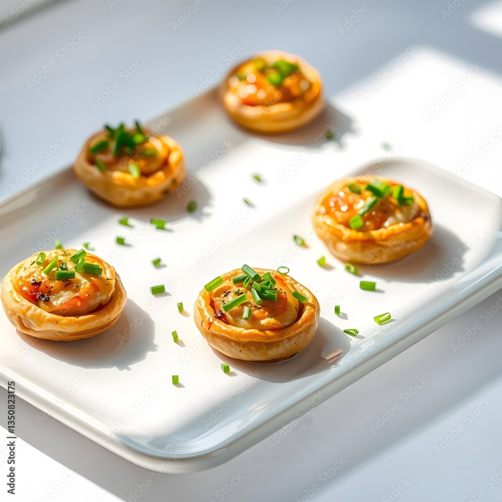 Exquisite Miniature Savory Pastries on White Platter Exquisite Miniature Savory Pastries on White Platter