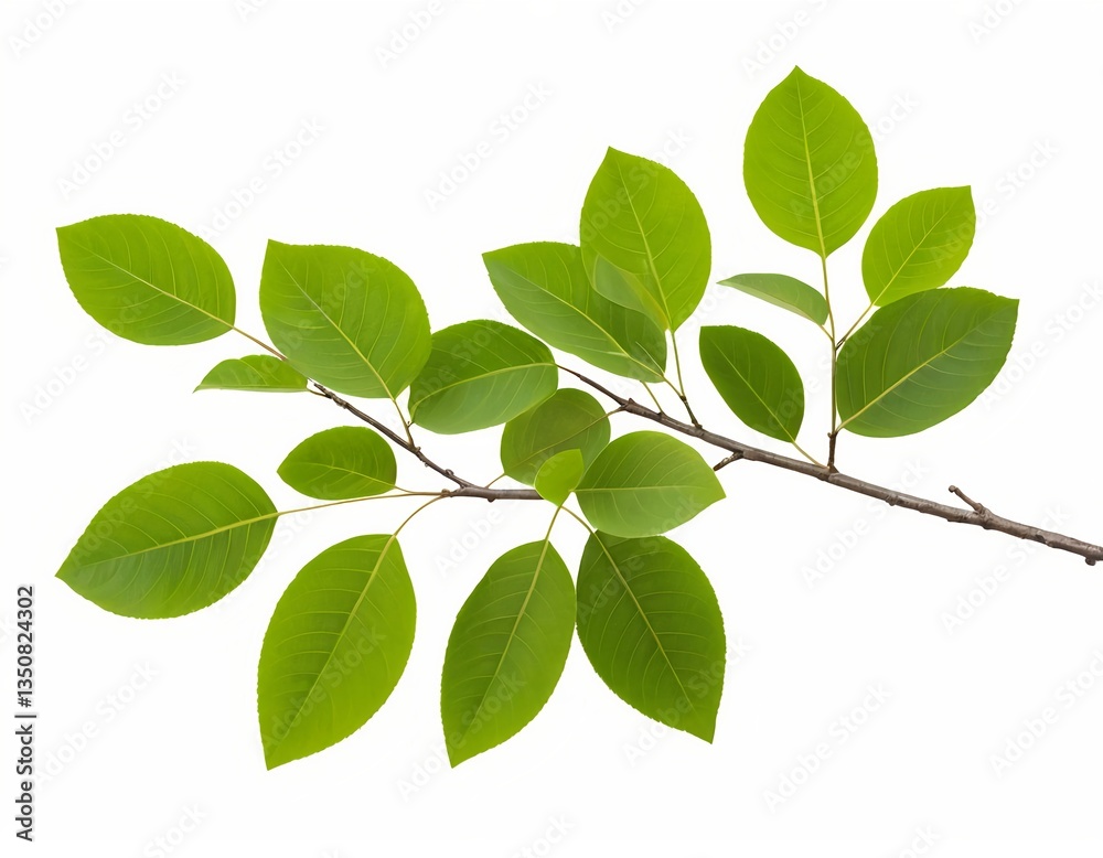 Green Branch with Lush Leaves Isolated on White Green Branch with Lush Leaves Isolated on White