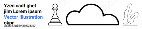 Chess pawn, bold cloud outline, and minimalist plant alongside placeholder text. Ideal for strategy, innovation, simplicity, nature, technology, minimalism and simple landing page