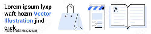 Shopping bag, mobile storefront with awning, open book conveying commerce, creativity, education. Ideal for e-commerce, technology, education, marketing online stores content creation simple