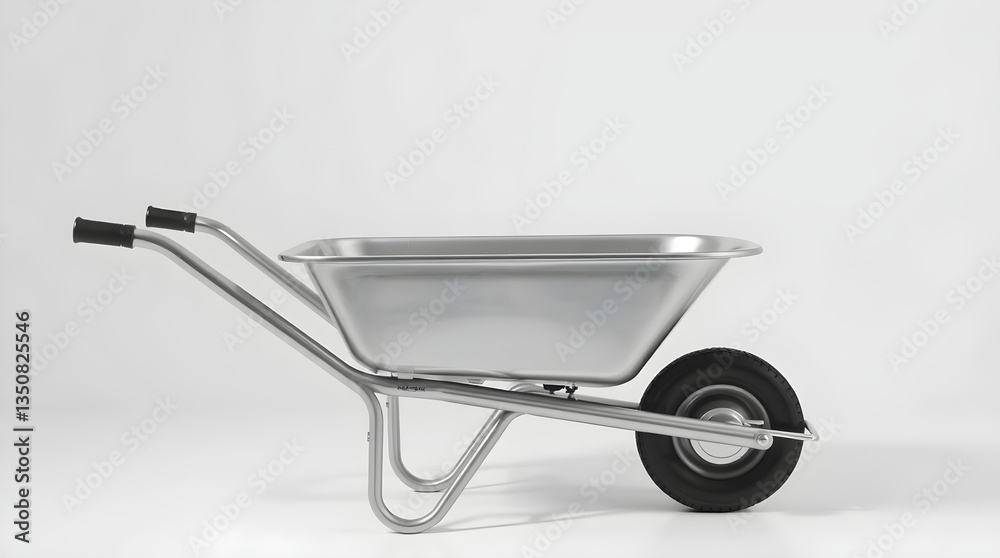 Shiny metal wheelbarrow standing on white background in studio Shiny metal wheelbarrow standing on white background in studio