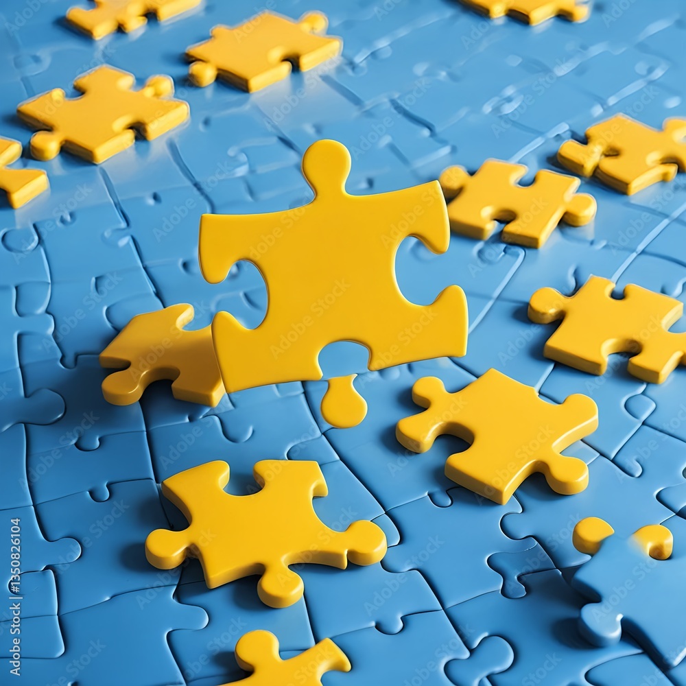 Yellow Puzzle Piece on Blue Background Yellow Puzzle Piece on Blue Background