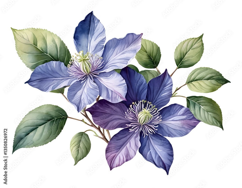 custom made wallpaper toronto digitalWatercolor Clematis Flowers with Green Leaves