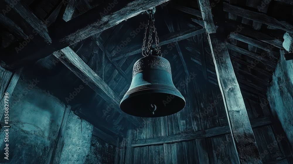 Obraz premium Ancient church bell hanging, dark wooden interior, low light