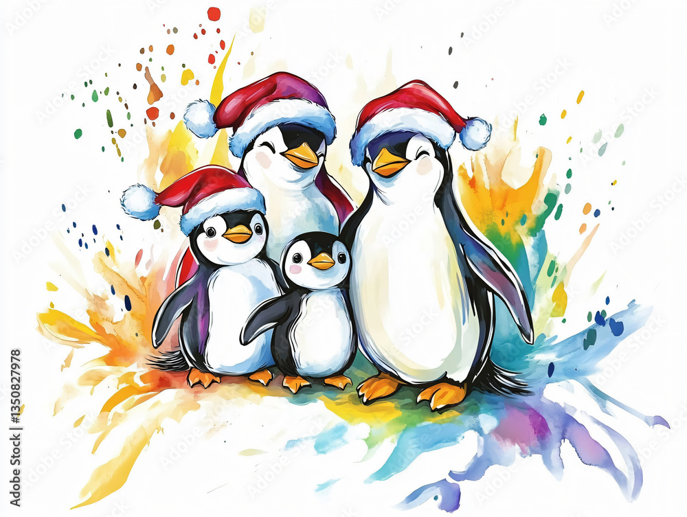Obraz premium Watercolor penguin family wearing Santa hat Christmas holiday clipart hand drawn cute illustration winter festive animal group red snow white background adorable bird cartoon seasonal art cozy