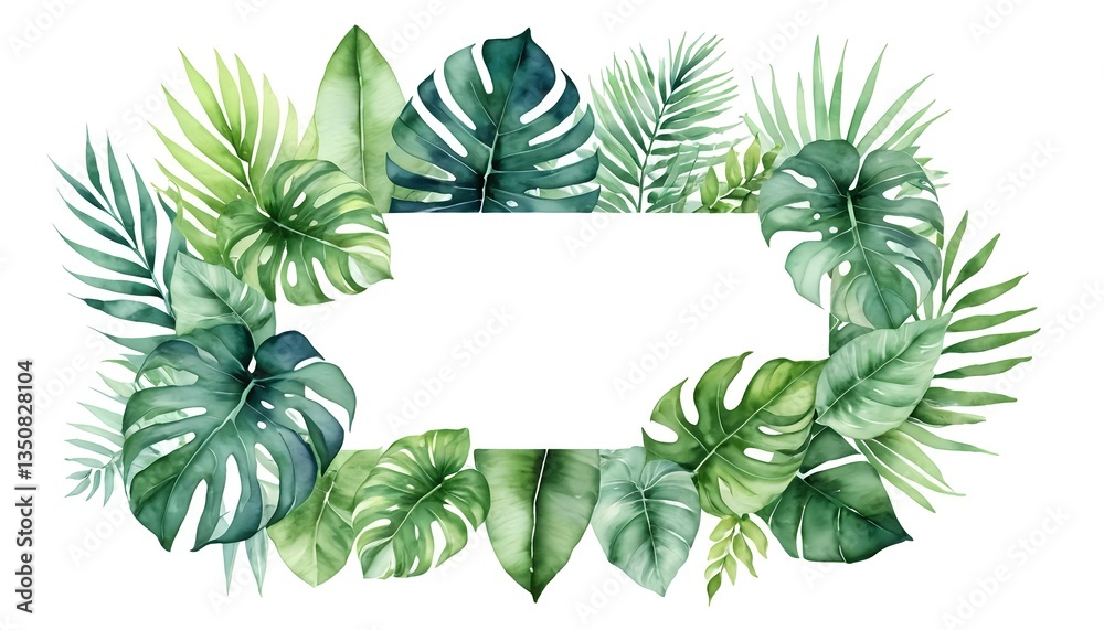 Naklejka premium Tropical Watercolor Leaf Border with White Space
