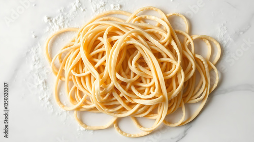 Fresh homemade noodles on white marble board, floured fresh noodles, created by generative ai