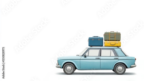Classic Car with Luggage on Roof Against White Background