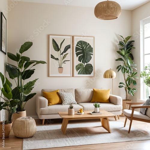 Modern Living Room Interior Design with Neutral Tones and Greenery