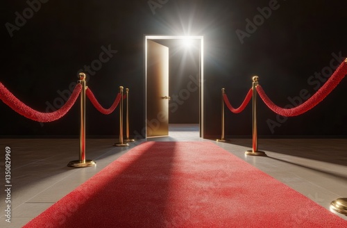 Red carpet leading to open door with bright light, opportunity concept