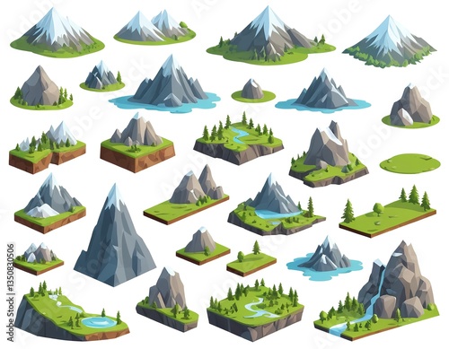 Isometric Mountain Collection  Various Peaks, Landscapes, and Rivers