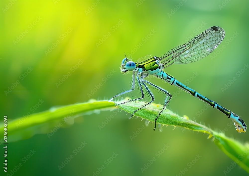 Close-up of a vibrant dragonfly perched on a green leaf. Close-up of a vibrant dragonfly perched on a green leaf.