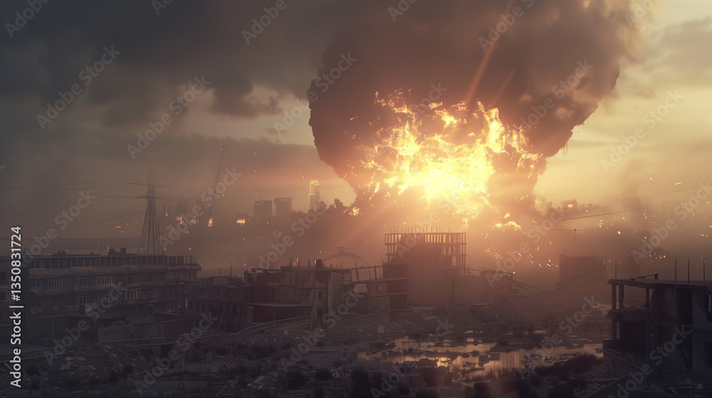 Dramatic nuclear explosion with mushroom cloud over devastated city landscape Dramatic nuclear explosion with mushroom cloud over devastated city landscape