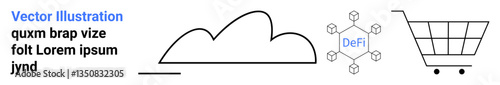 Cloud illustration, decentralized finance network with nodes, and shopping cart. Ideal for technology, fintech, e-commerce, cloud solutions, blockchain, digital economy simple landing page