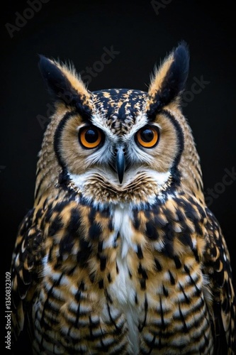arafed owl with orange eyes and black background