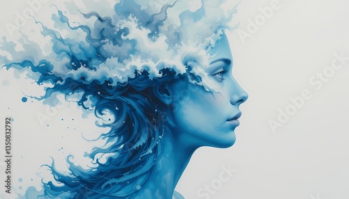 Abstract Blue Woman Water Hair, Artistic portrait of a woman with flowing water hair.