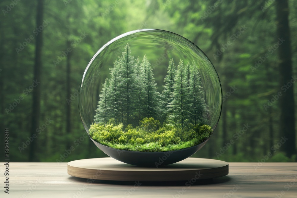 Forest in a Glass Sphere, Nature Display, Peaceful Scene, Wooden Base Forest in a Glass Sphere, Nature Display, Peaceful Scene, Wooden Base