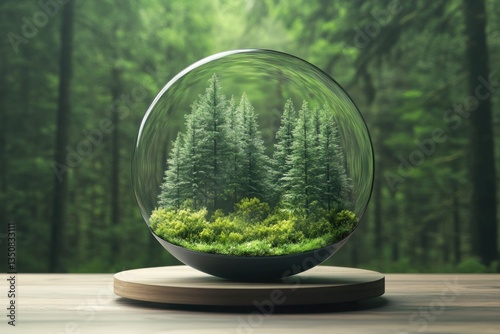 Wallpaper Mural Forest in a Glass Sphere, Nature Display, Peaceful Scene, Wooden Base Torontodigital.ca