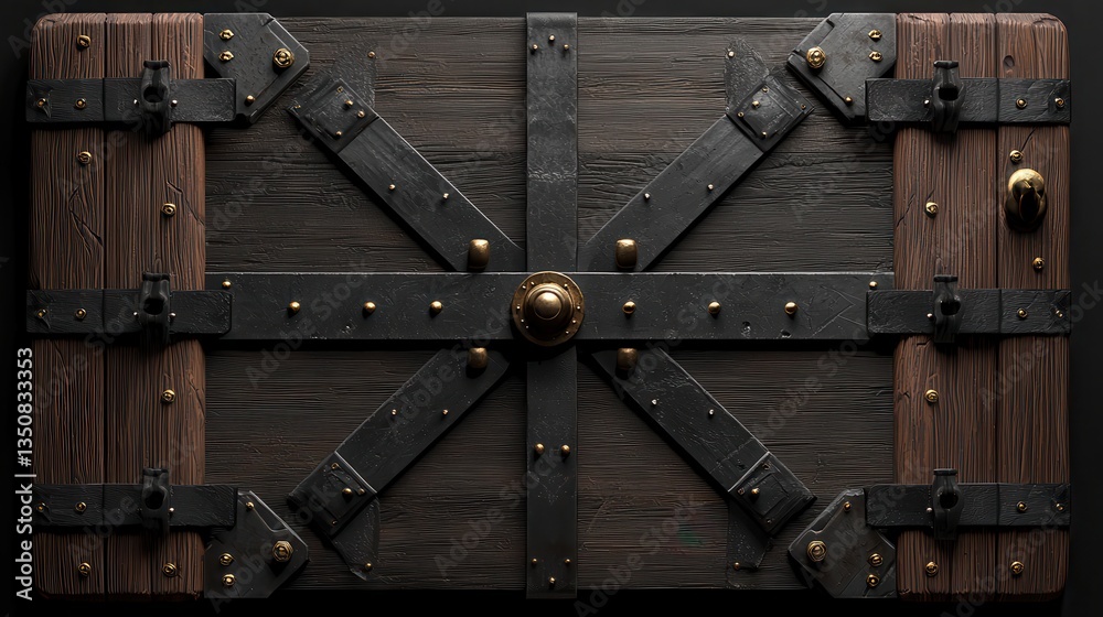 Fototapeta premium Vintage Wooden Treasure Chest with Black Metal Accents, Detailed Hardware and Textured Finish